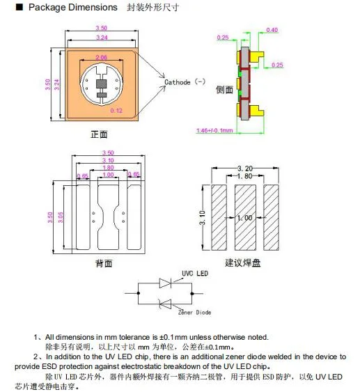 Hot Sale Deep UV LEDs 275nm+395nm 3535 SMD UVC+UVA+Zener Diode LED Chip 0.35W for Disinfection Sterilizer Lamp Strip Module